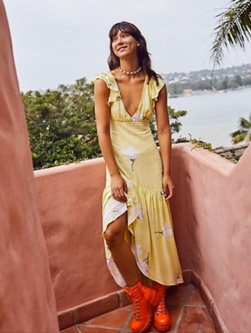 Free People She’s A Waterfall Lemon Ice Floral Maxi Dress Size 8
